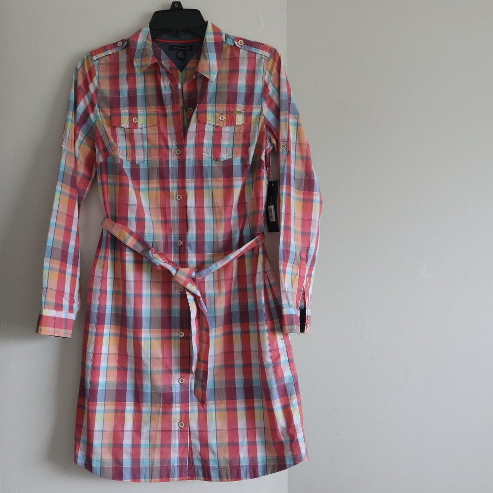 Tommy Hilfiger Button Down Shirt Dress Shirtdress 3/4 Sleeve Plaid 100% Cotton